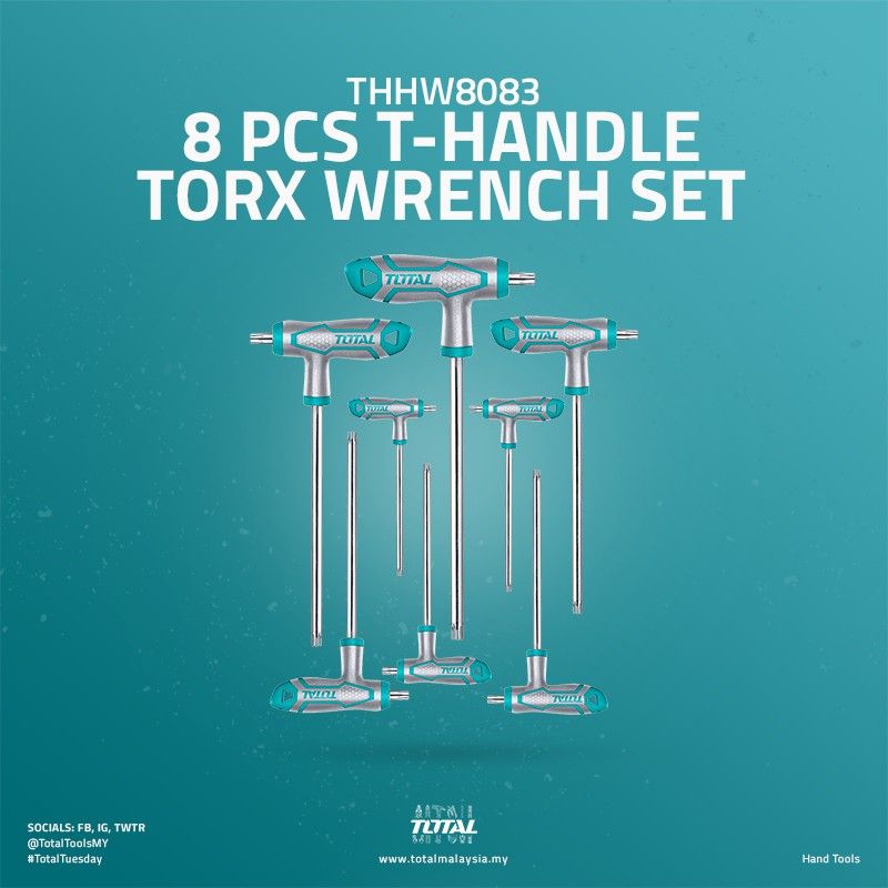 TOTAL T-HANDLE TORX WRENCH SET T10/ T15/ T25/ T30 /T40 /T45 /T50 & CR-V STEEL (75MM-200MM/8 PCS) THHW8083