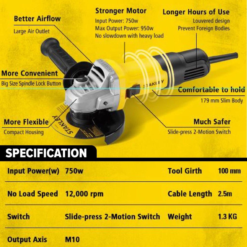Stanley SG7100 Slim Small Angle Grinder Replacement (750W/100mm) 12000RPM STGS6100