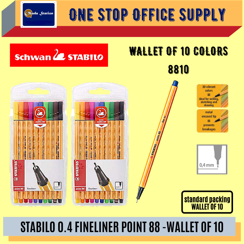 STABILO 0.4MM FINELINER POINT 88 -10 COLORS / Stabilo / Fineliner Point / Stabilo 0.4mm Fineliner Point / Stabilo Wallet Of 10 / Stabilo Pen