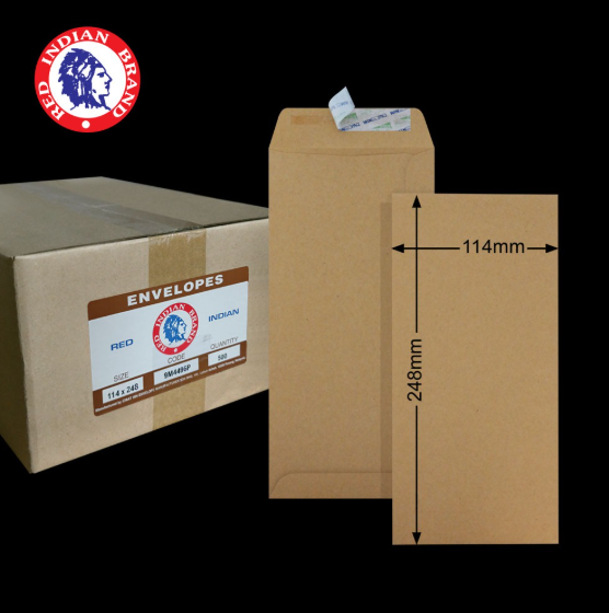 4.5"X9.75" RED INDIAN 90GM BROWN MANILA P&S POCKET ENVELOPE (500'S X 2 BOXES)