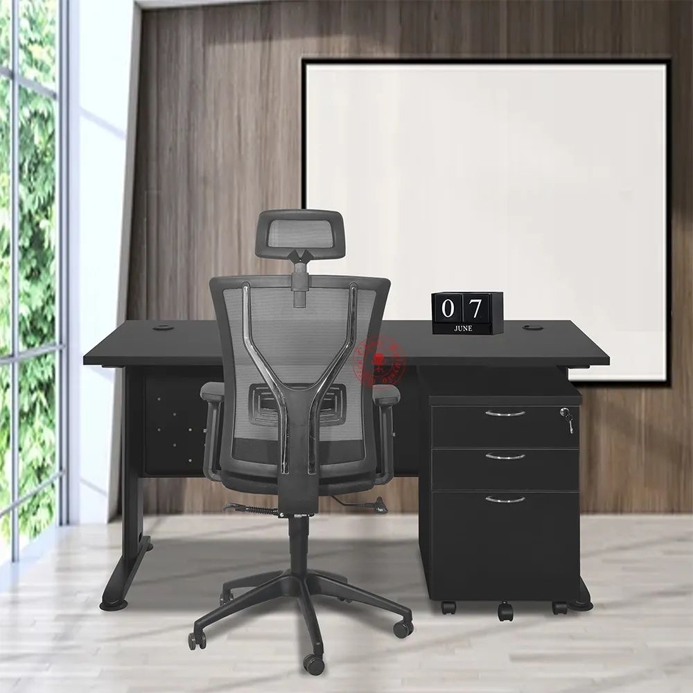 Full Black Rectangle Office Table (c/w 2 Drawers + 1 Filing) + High Back Office Chair