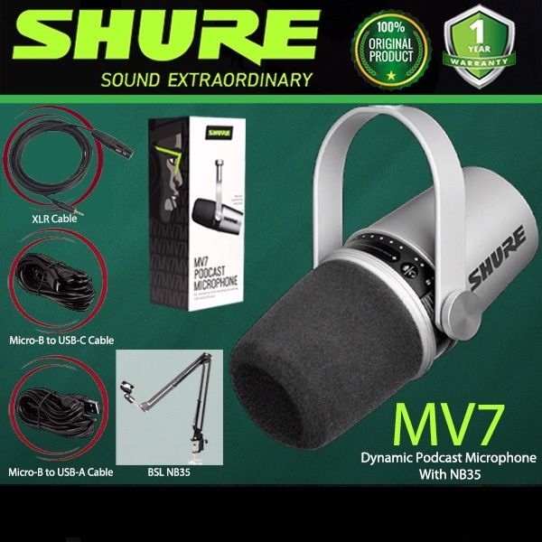 Shure MV7 USB Dynamic Podcast Kit Microphone With XLR Output and Mic Cable