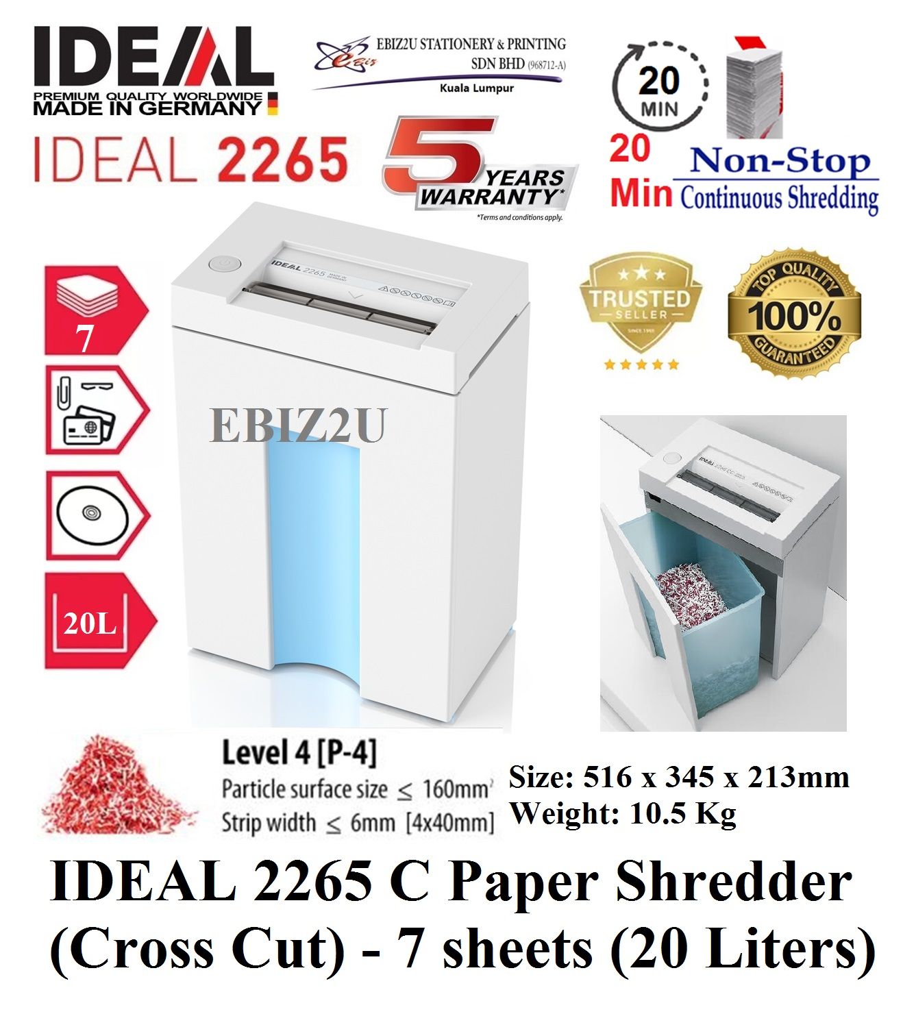 IDEAL 2265 C Paper Shredder (Cross Cut) - 7 sheets (20 Liters) 5 Years Warranty ( 2265C, Cross Cut, Paper Shredder, Shredder Machine, Office Shredder, Heavy Duty Shredder, Mesin Penghancur Kertas)