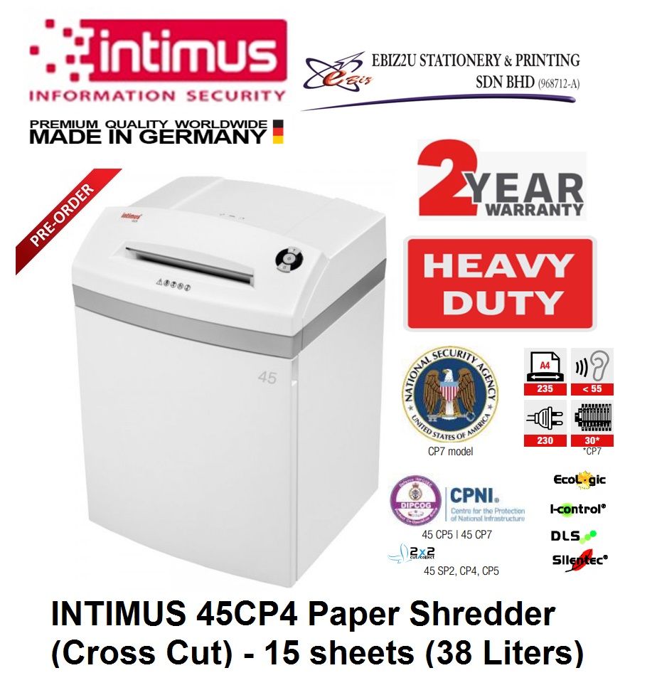 INTIMUS 45 CC3/CP4 Paper Shredder (Shred Capacity: 13-15 Sheets, Cross Cut: 3.8x30mm, Bin Capacity: 45 Liters)_Made in Germany