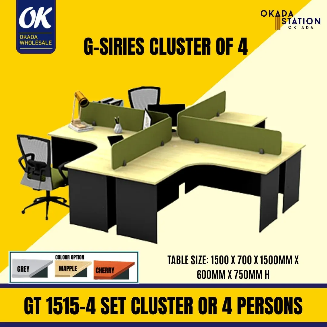 CLUSTER OF 4 -L SHAPE TABLE / G-SIRIES WORKSTATION WITH TABLE TOP PANEL / 5' X 5' TABLE / WORKSTATION / CLUSTER 0F 4 / 4 SEAT / TABLE TOP PANEL / OFFICE FURNITURE