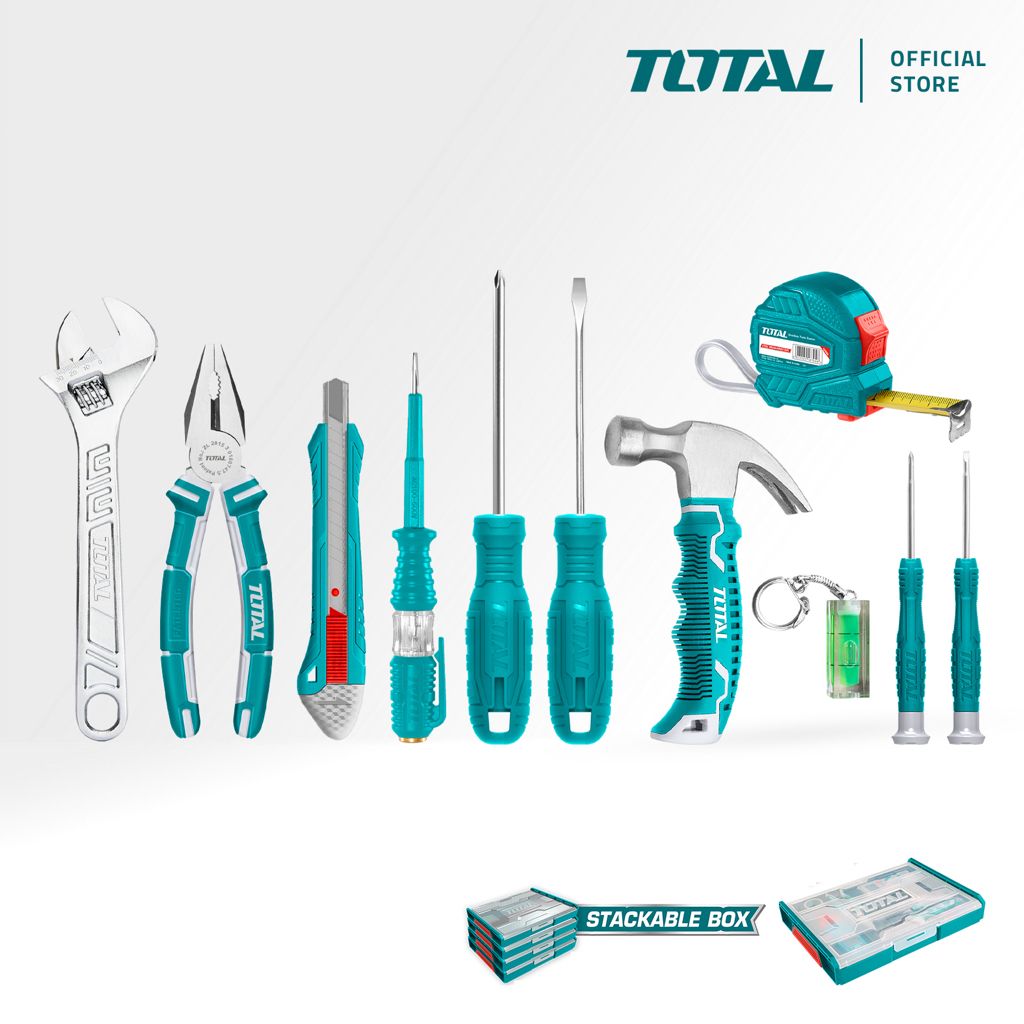 TOTAL HOUSEHOLD TOOLS SET WITH HAMMER PLIERS WRENCH TEST PEN & SCREWDRIVERS IN STACKABLE BOX (11 PCS) THKTV02H111
