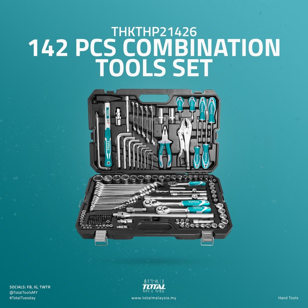 TOTAL COMBINATION TOOLS SET WITH SPANNERS HAMMER PLIERS SOCKETS SCREWDRIVERS & RATCHET WRENCH (142 PCS) THKTHP21426