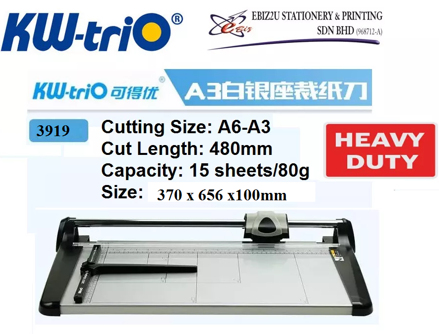 KW-Trio 3919 Heavy Duty Rotary Trimmer -A3 15 sheets (Paper Cutter, Paper Trimmer, Rotary Trimmer, Heavy Duty Cutter, guillotine paper trimmer, A3 Paper cutter, A4 paper cutter)