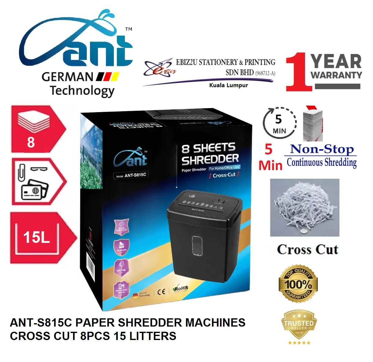 ANT-S815C PAPER SHREDDER MACHINES CROSS CUT 8PCS 15 LITTERS WITH 1YEAR WARRANTY (mesin perincih kertas, Mesin Penghancur Kertas)