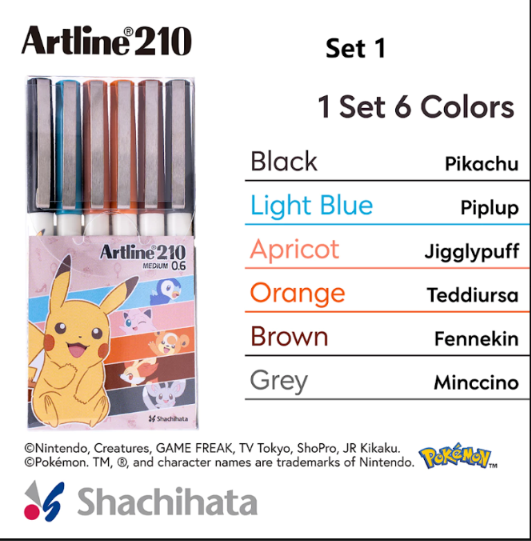 Artline 210 Writing Pen 6pcs Set (Pokémon edition)  - Medium Line 0.6mm | Pokemon  Set 1