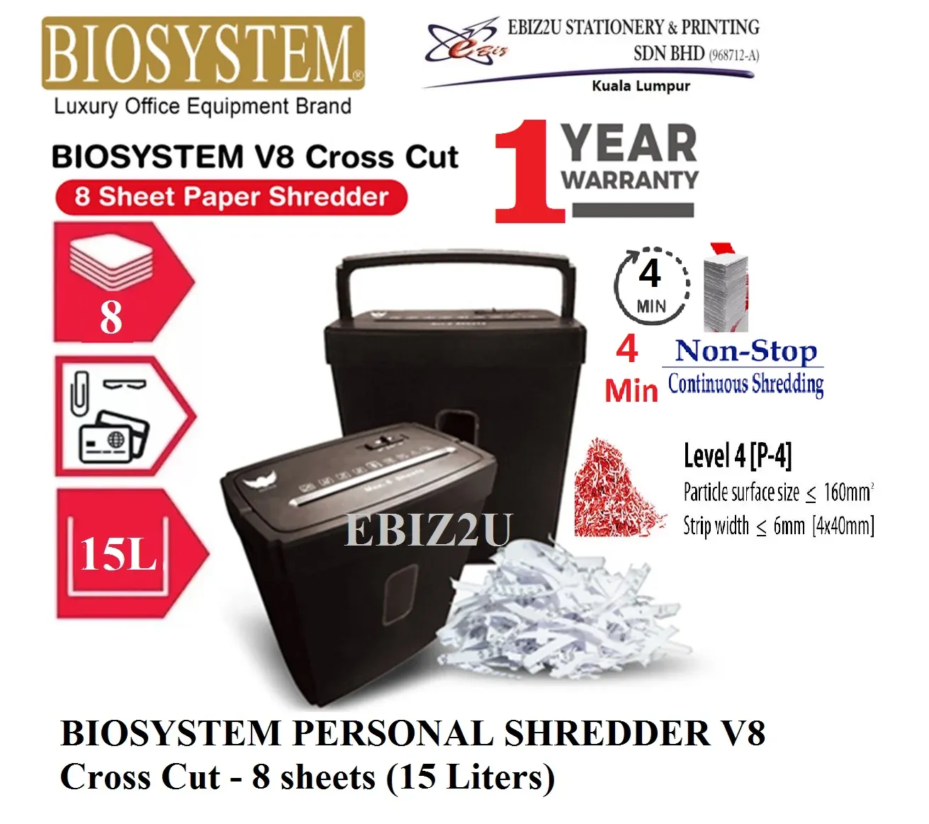 BIOSYSTEM PERSONAL SHREDDER V8 Cross Cut - 8 sheets (15 Liters) (Paper Shredder, Shredder Machine, Office Shredder, personal shredder, home shredder, Mesin Penghancur Kertas)