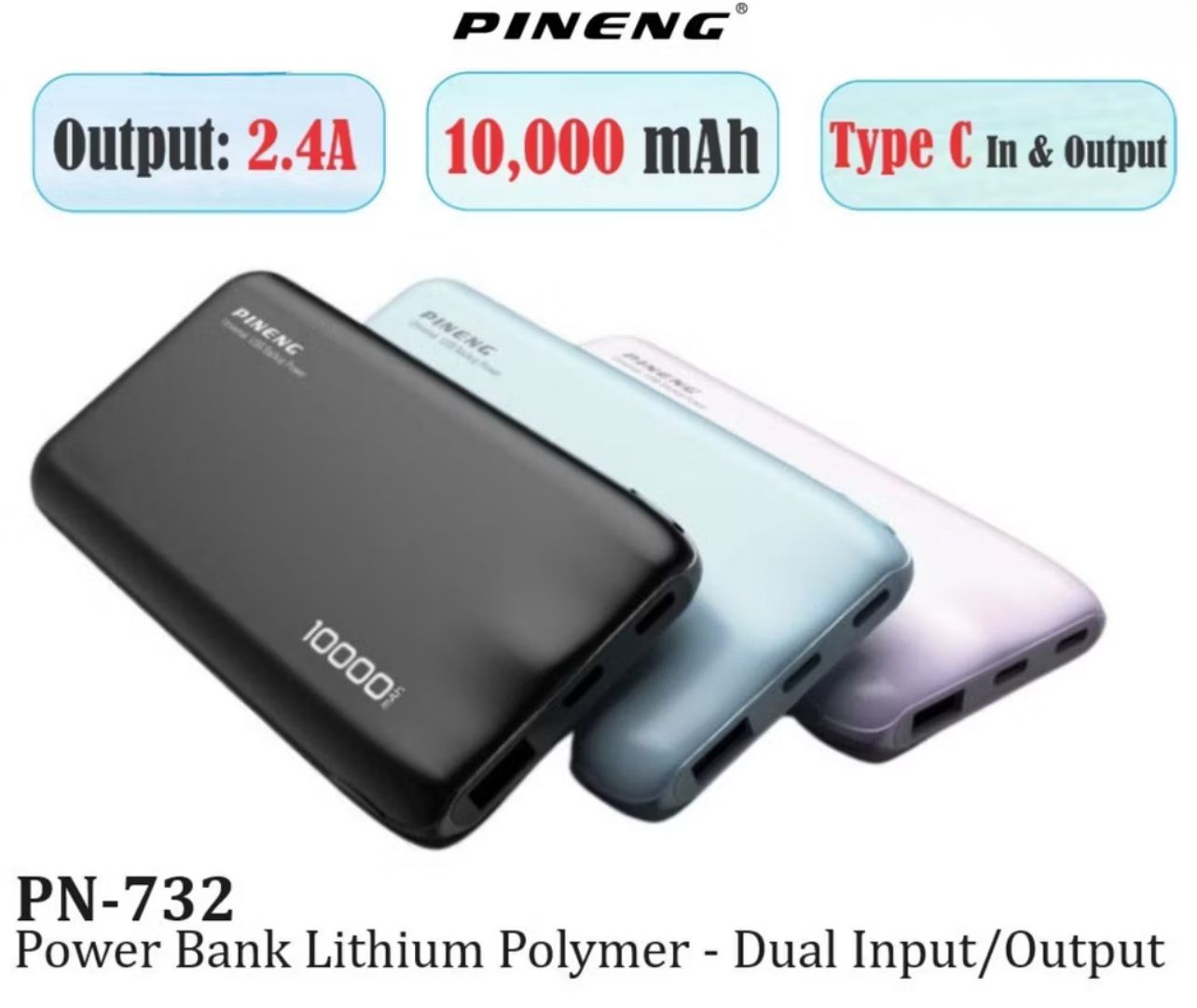 PINENG PN732 POWER BANK 10000MAH 2.4A DUAL INPUT/OUTPUT WITH LITHIUM POLYMER / LIGHT INDICATOR DISPLAY SLIM POWERBANK