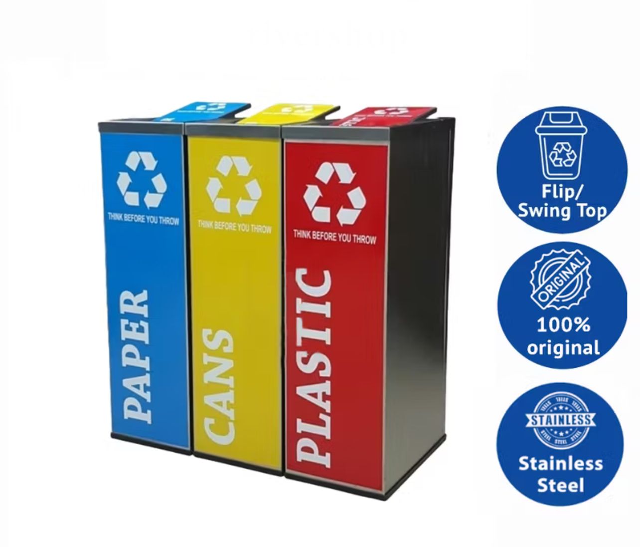 Leader STAINLESS STEEL FLIP TOP RECYCLE BIN C/W STICKER (SET 3 IN 1) 60L