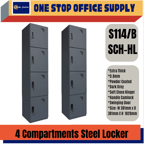 GM S114/B-SCH-HL EXTRA THICK 4 COMPARTMENT LOCKER / O.8MM / LOCKER / METAL CABINET -SWINGING GLASS DOOR