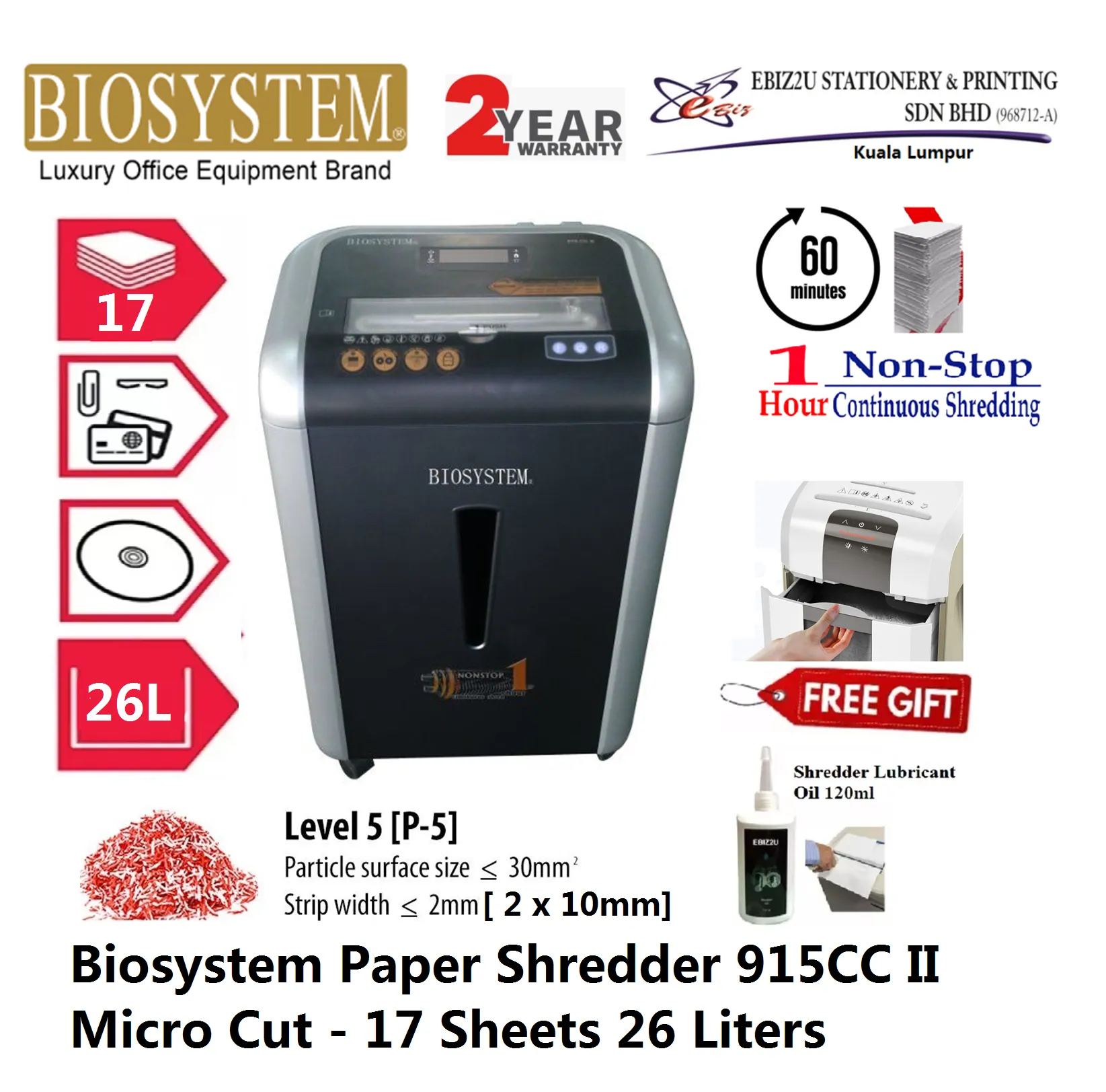 Biosystem Paper Shredder 915CC II (1 Hour non stop, Micro Cut, Paper Shredder, Shredder Machine, Office Shredder, Heavy Duty Shredder, Mesin Penghancur Kertas)