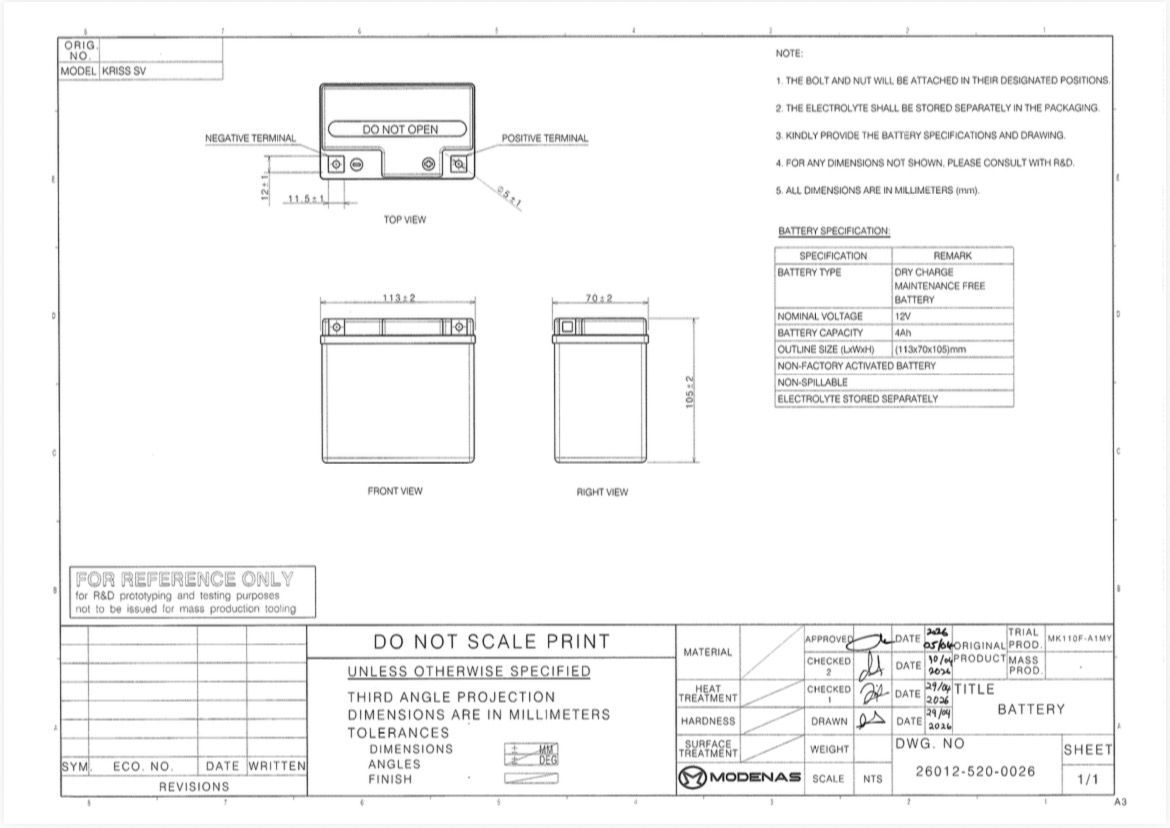 TO SUPPLY BATTERY KRISS SV (110CC) SIZE 113x70x105 MM