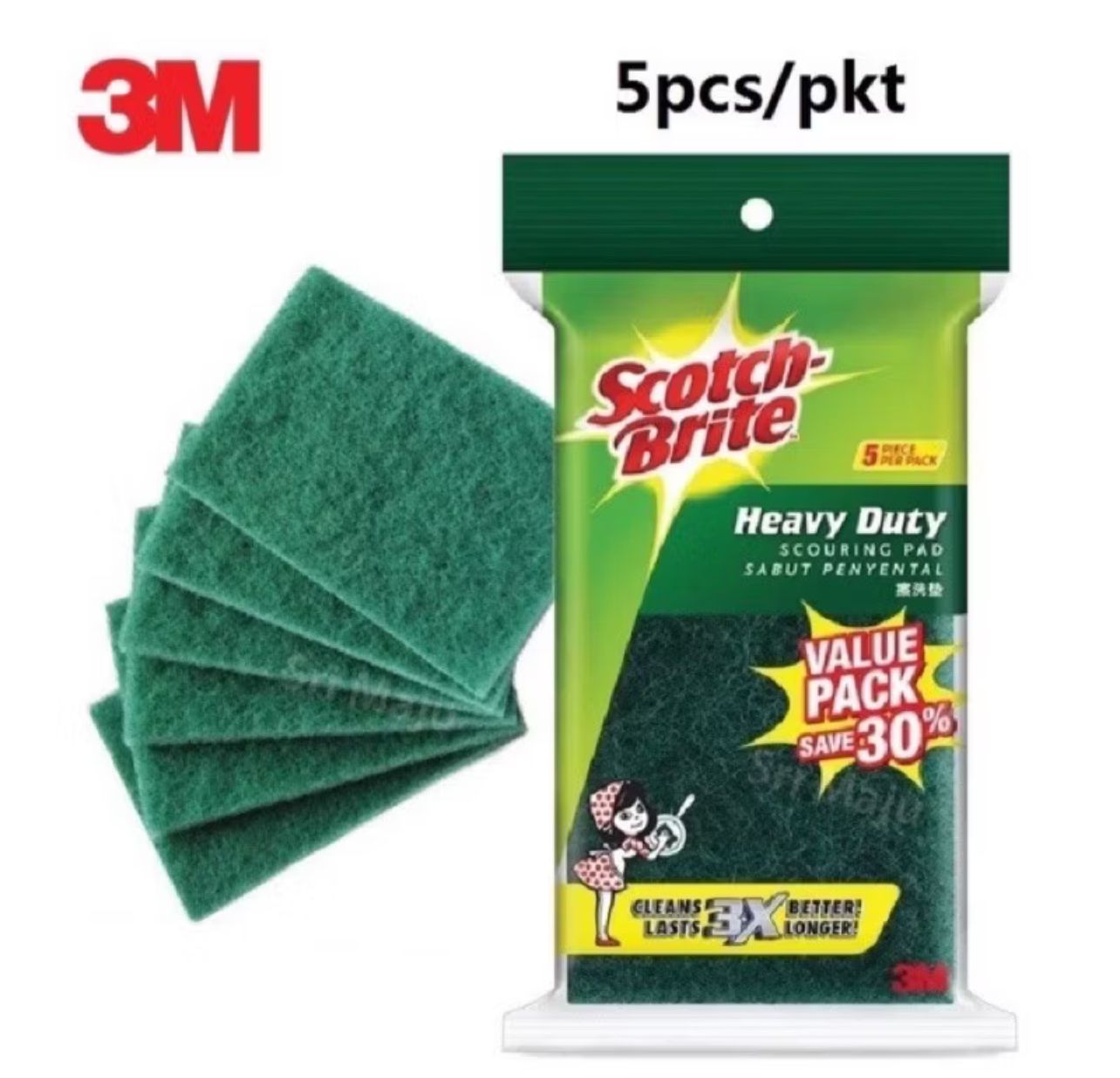 3M Scotch-Brite Heavy Duty Scouring Pad (5Pcs/Pack) / Scrub / Sabut Hijau / Sabut Penyental