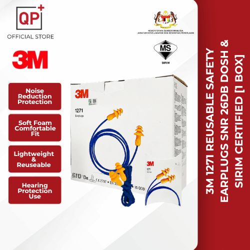 3M 1271 REUSABLE SAFETY EARPLUGS SNR 26DB DOSH & SIRIM CERTIFIED [1 PAIR]-