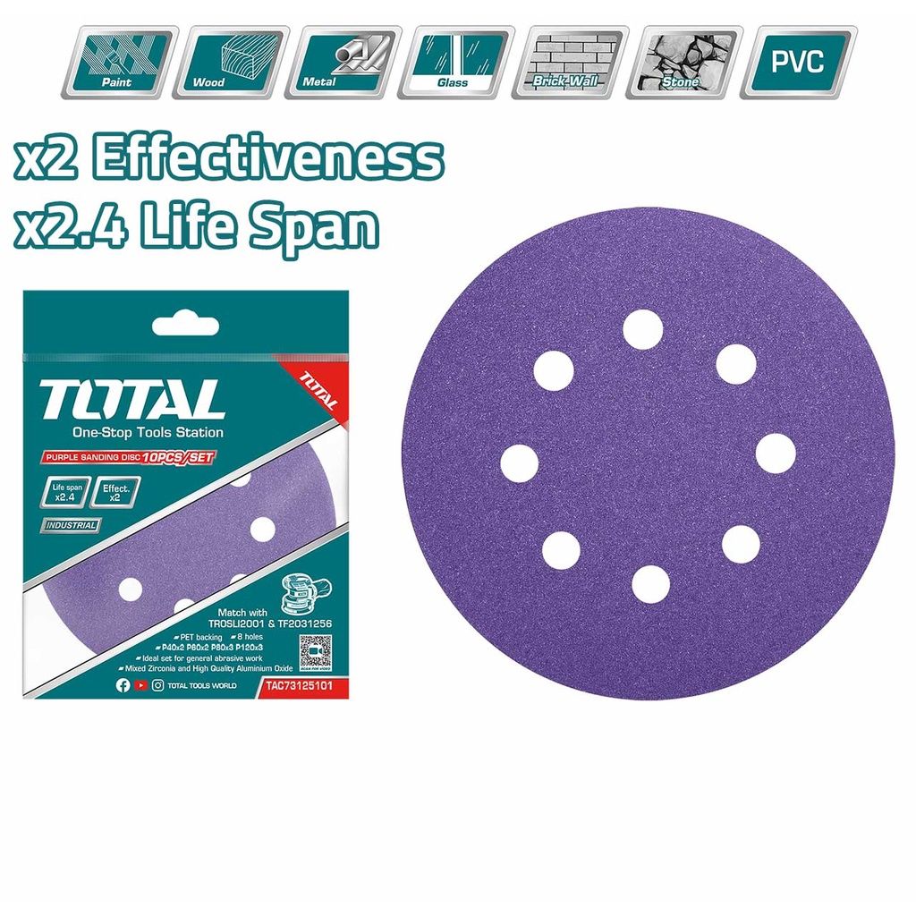 TOTAL PURPLE SANDING DISC FOR GENERAL ABRASIVE WORK 8 HOLES FOR ROTARY & RANDOM ORBIT SANDERS (5" X 10 PCS) TAC73125101