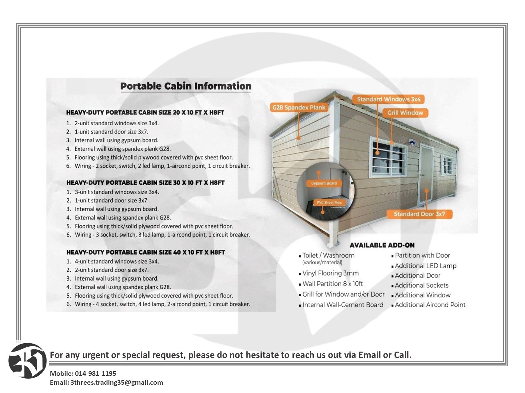 Portable Heavy Duty Cabin / Mobile Cabin (Beige) - Tenom, Sabah