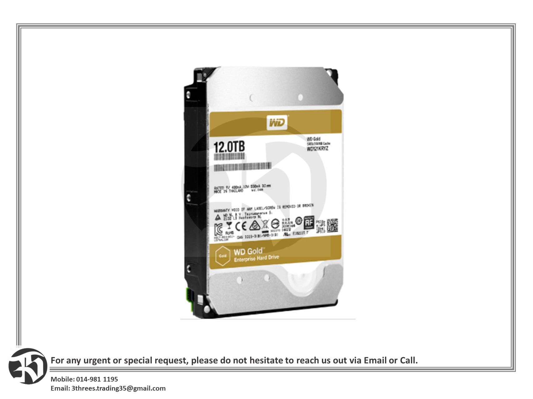 WESTERN DIGITAL 3.5 INCH RE4 12TB 7200RPM 256MB SATA III GOLD CAVIAR RAID EDITION WD121KRYZ
