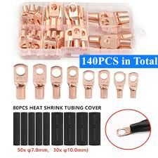 QS 140Pcs Bolt Hole Tinned Copper Lugs Ring Battery Terminals M6/M8 Bare Cable Electric Crimp Wire Connector Cable Heat Shrink Tube