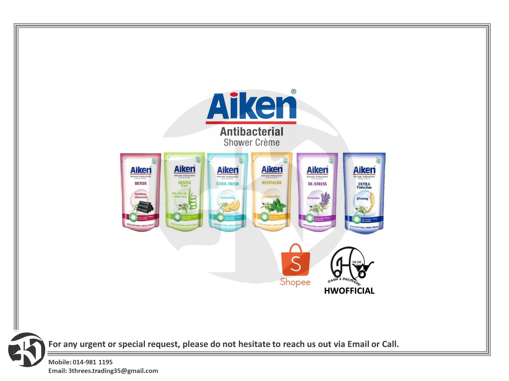 AIKEN ANTIBACTERIAL SHOWER CREAM (POUCH) 850G