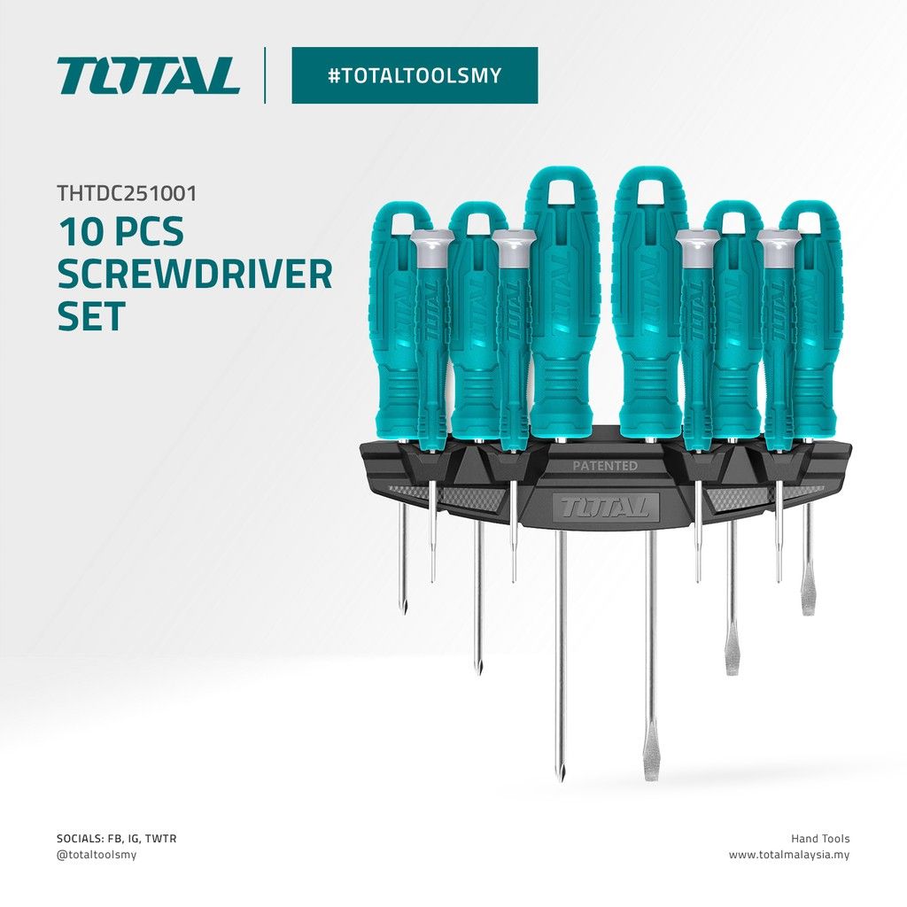 TOTAL SCREWDRIVER SET FLAT (SL3 + 5.5 + 5.5 + 6.5/4 PCS) + PHILLIPS (PH0 + 1 + 1 + 2) + STAR (T6 + 8) THTDC251001
