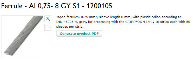 PHOENIX CONTACT TAPED FERRULE 0.75MM SQ GREY 1200105