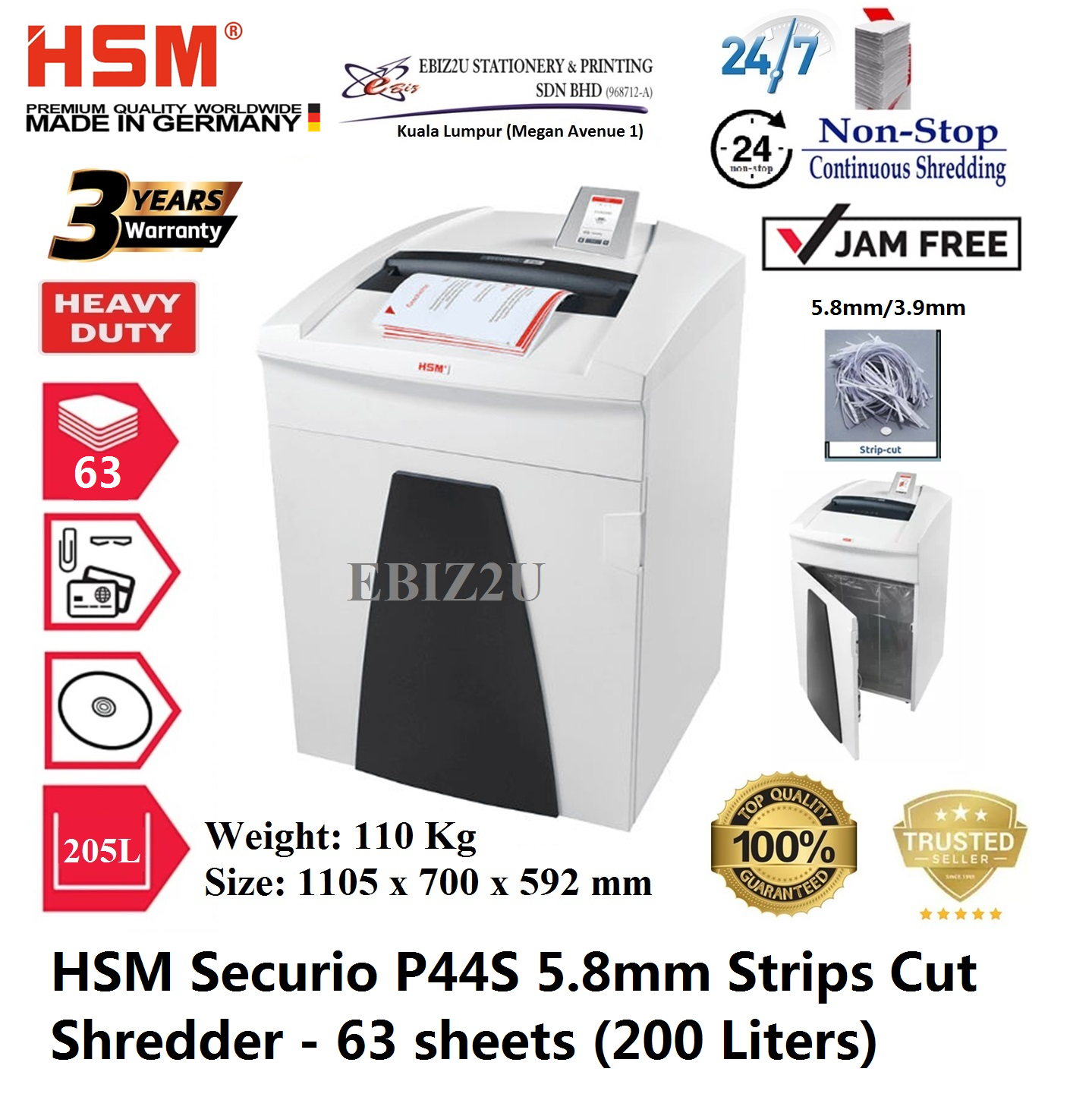 HSM Securio P44s Strips Cut Shredder - 63 sheets (200 Liters) Heavy Duty Shredder Machine, Paper Shredder,Shredder Machine, Stationery, Office Automation,Straight Cut, Cross Cut, Micro Cut, Office Shredder,Mesin Penghancur Kertas