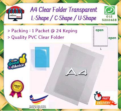 A4 Folder File Transparent / A4 File Holder / Pocket File # Pilihan Bentuk : L-Shape / C-Shape / U-Shape # Buatan Malaysia # N0001 ( KTT : 1 Packet @ 24 Keping )