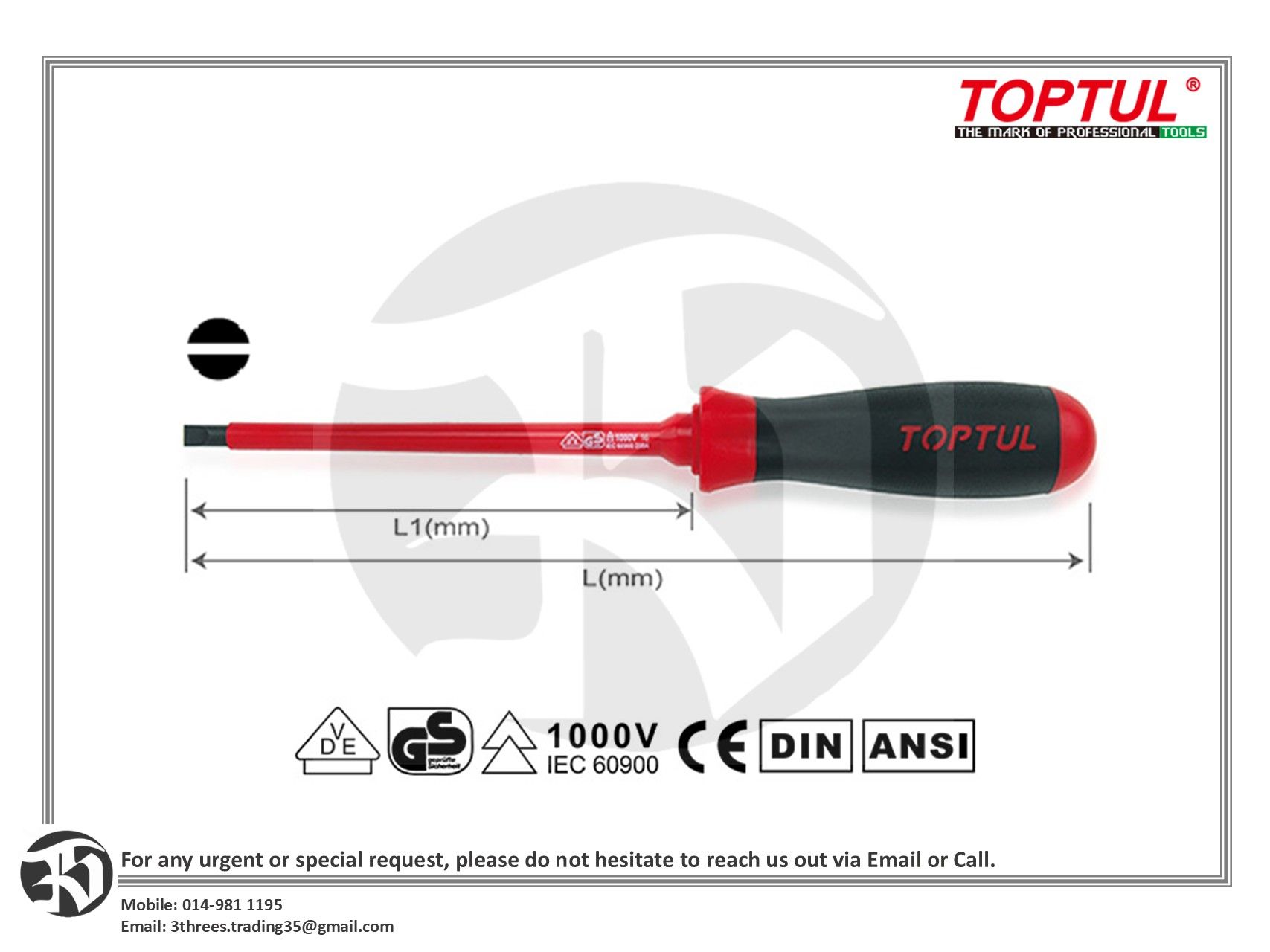 Toptul VDE Insulated Slotted Screwdrivers 1.2 x 8mm