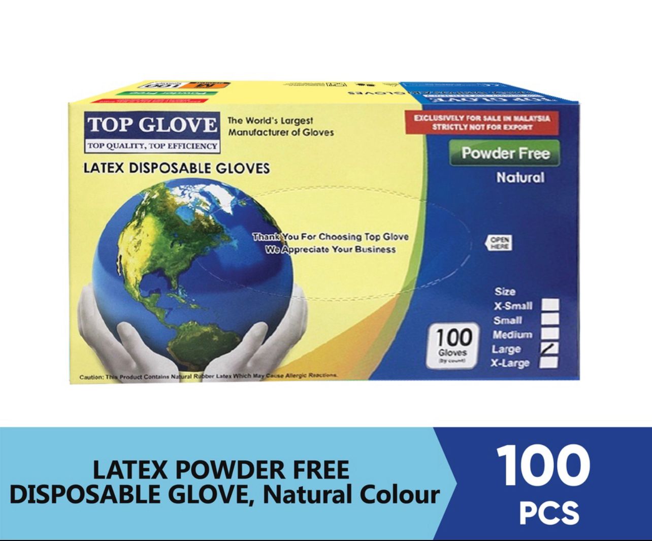Top Glove Latex Disposable Glove, Powder Free Natural Color (100 Pcs Per Box)