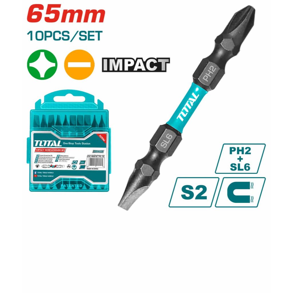 TOTAL IMPACT SCREWDRIVER BITS PH2 + SL6.0 S2 INDUSTRIAL STEEL (65MM/10 PCS) TACIM16HL133