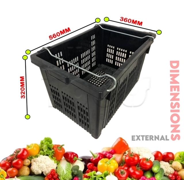 Industrial Storage Container Basket Plastic Stackable Crate Heavy Duty with 2 Side Steel Handle (560X360X325mm)