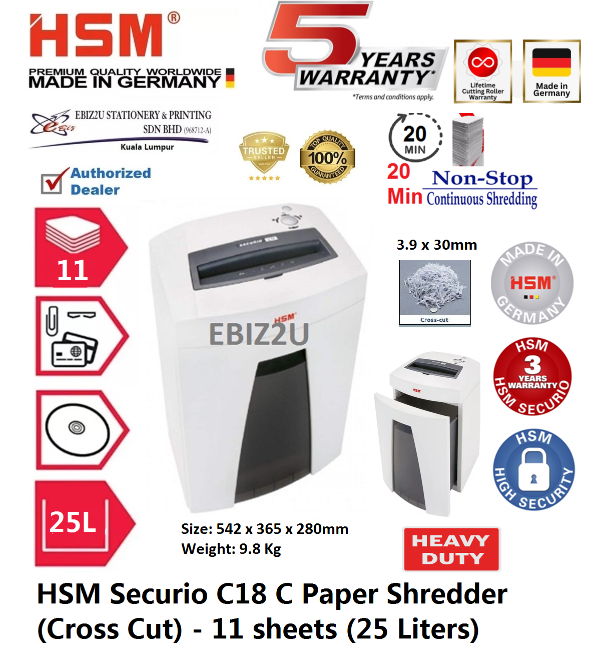 HSM Securio C18 C Paper Shredder (Cross Cut) - 11 sheets (25 Liters) ( C18C, Cross Cut, Paper Shredder, Shredder Machine, Office Shredder, Heavy Duty Shredder, Mesin Penghancur Kertas)