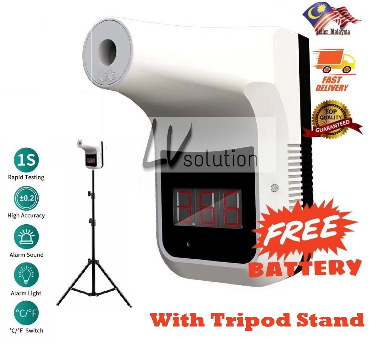 MySejahtera KIOSK Anti Theft Heavy Duty Wall Mount or Stand Type Fast Measure Thermometer High Precision Forehead Infrared Body ( Adult Kid Children Baby ) Temperature Measurement Meter Non-Contact Contactless Clinical Dual Power (With tripod)