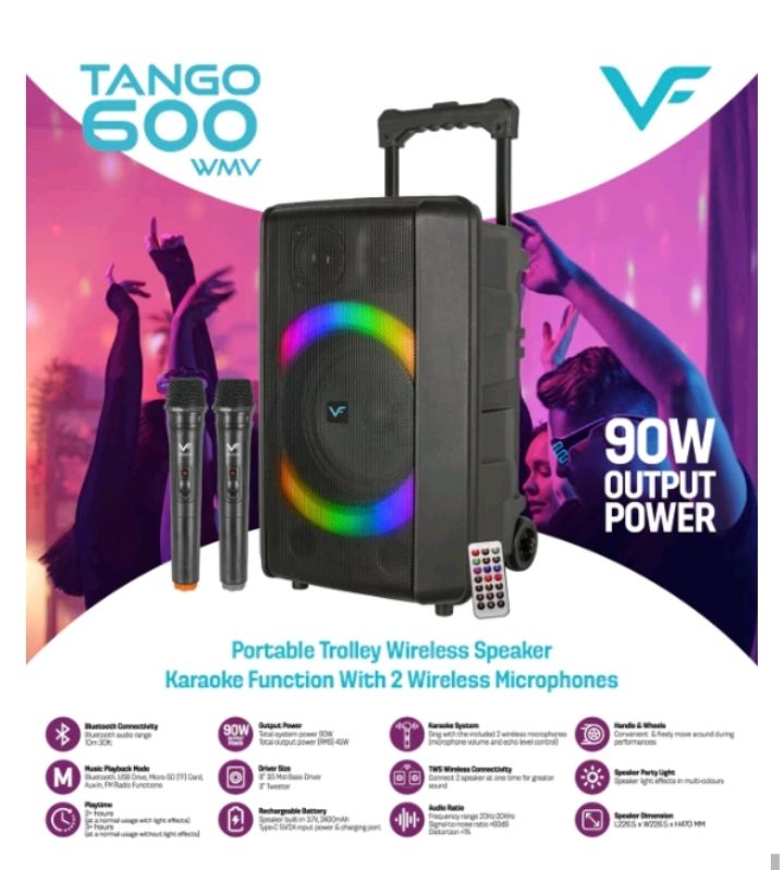 Vinnfier VF Tango 600 WMV 90W Max Portable Trolley Wireless Bluetooth Speaker Karaoke Set USB