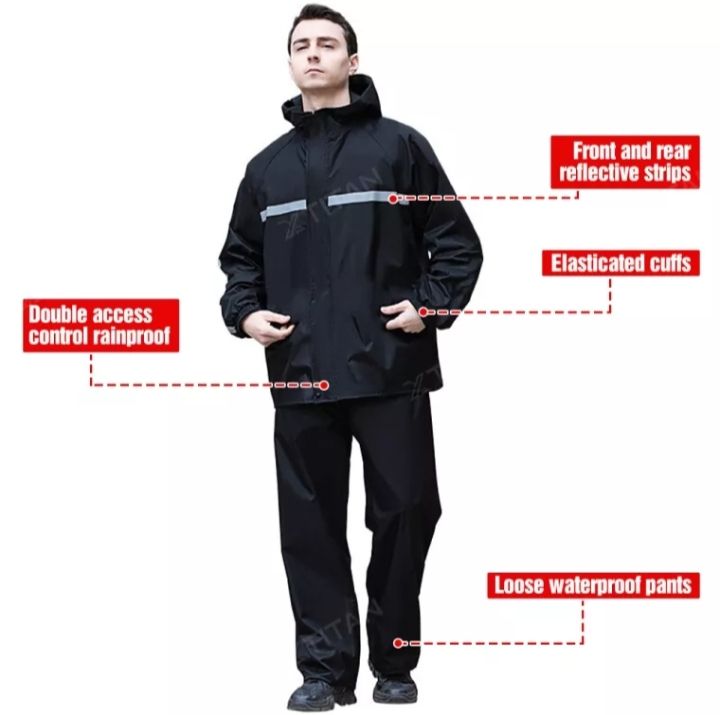 RAINCOAT. SUIT HEAVY DUTY BLACK WITH REFKECTION STRIPE OCHA RAINCOAT SUIT HEAVY DUTY BLACK WITH REFKECTION STRIPE