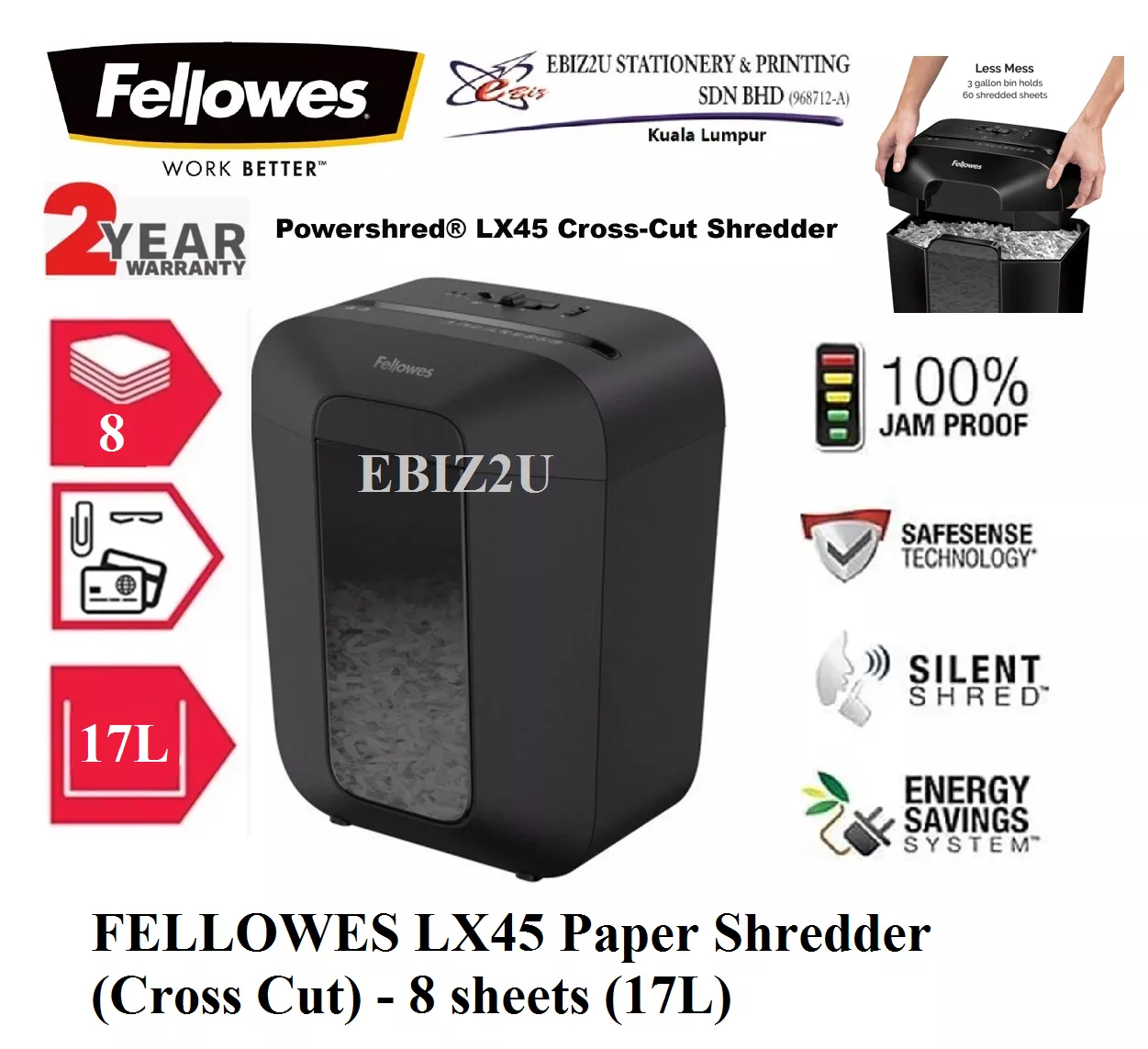 FELLOWES LX45 Paper Shredder (Cross Cut) - 8 sheets (17L) - (Cross Cut, Paper Shredder, Shredder Machine, Office Shredder, Heavy Duty Shredder, Mesin Penghancur Kertas)