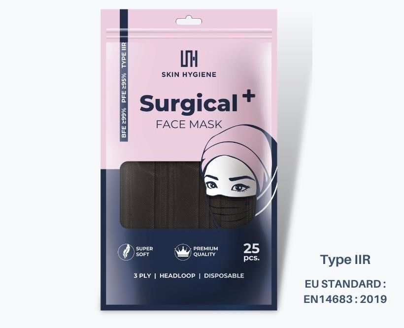 Skin Hygiene 3 Ply Headloop Mask Surgical Black (25Pcs)