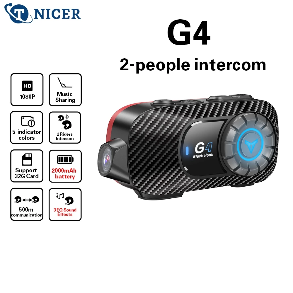 TNICER G4 Motorcycle Bluetooth Headset With Camera 1080P 2-People 600M Intercom With 32G Card