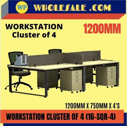 WORKSTATION OF 4 PERSONS / 16-SQR-4 / 1200MM TABLE SIZE / OPEN CONCEPT CLUSTER OF 4 / WORKSTATION / 4 SEAT / OFFICE TABLE
