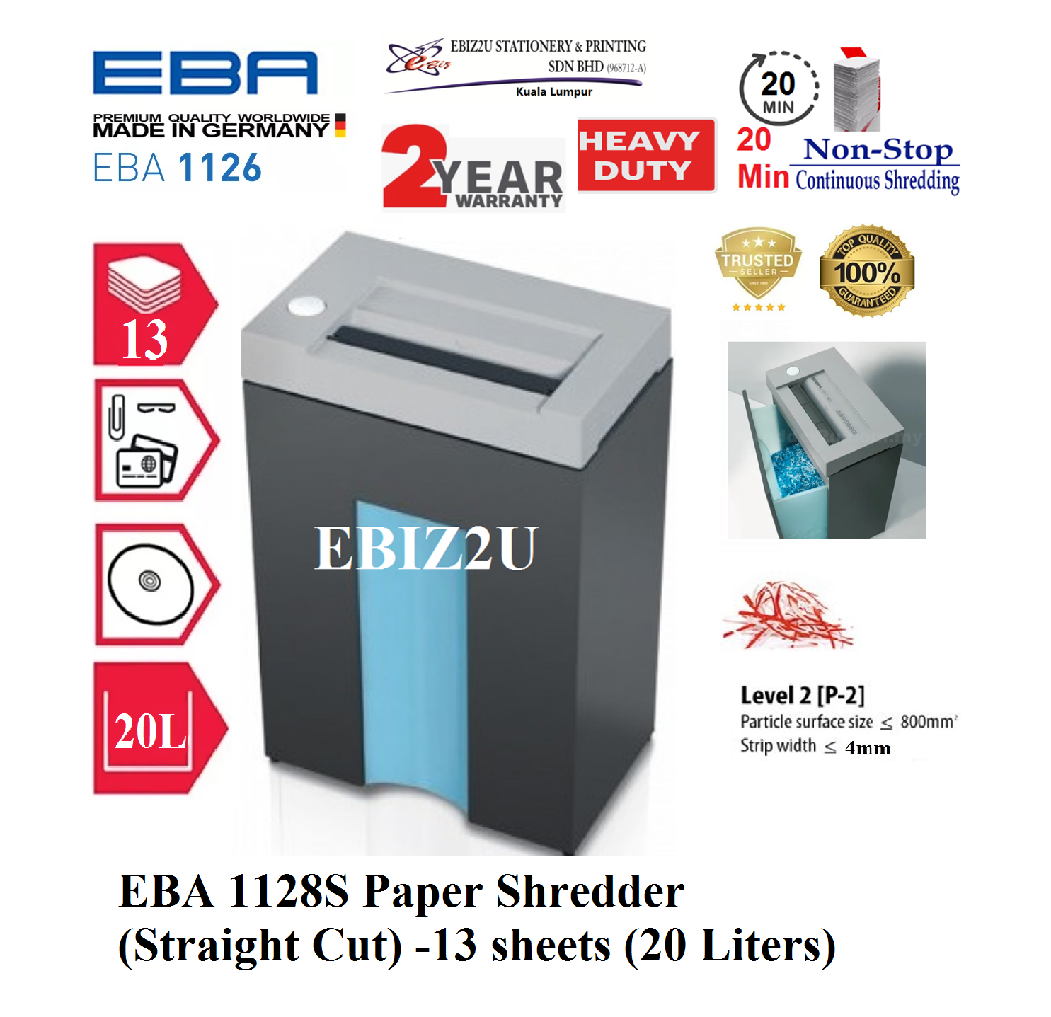 EBA 1128 S Paper Shredder (Straight Cut) 20 mins non stop -13 sheets (20 Liters) 1128S Strip Cut, Straight Cut, Paper Shredder, Shredder Machine, Office Automation, Office Shredder, Mesin Penghancur Kertas, Heavy Duty Shredder, Heavy Duty Paper Shred