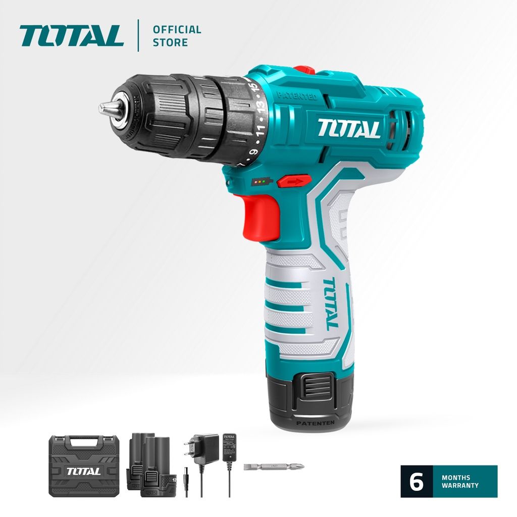 TOTAL TDLI12325 LI-ION CORDLESS DRILL (PREVIOUSLY NAMED TDLI1232. PACKAGE COMES WITH 2 PCS 12V LITHIUM-ION 1.5AH BATTERIES/ 1 PC 12V BATTERY CHARGER / 1 PC CR-V BIT /1 PC SUITCASE)