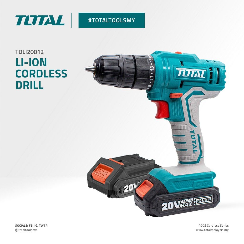 TOTAL TDLI20012 LI-ION CORDLESS DRILL (PACKAGE COMES WITH 2 PCS 20V 1.5AH BATTERIES 1 PC FAST INTELLIGENT CHARGER 1 PC CARRYING CASE)