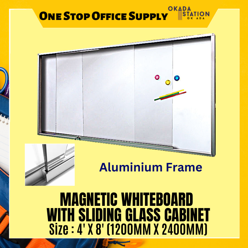4' X 8' MAGNETIC WHITEBAORD WITH SLIDING GLASS CABINET (ALUMINIUM FRAME) - WITHOUT INSTALLATION & WITH INSTALLATION/ MAGNETIC WHITEBOARD / WHITEBOARD / GLASS CABINET WHITEBOARD / WHITEBOARD WITH SLIDING GLASS CABINET / SCM-48