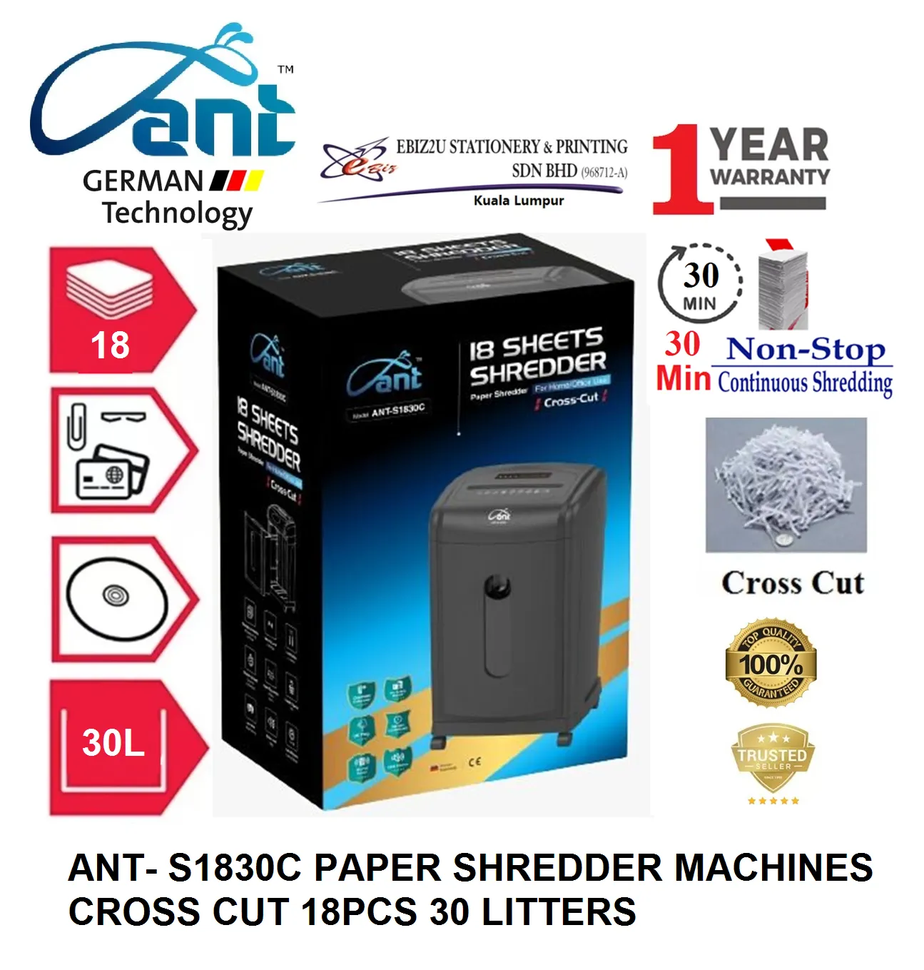 ANT- S1830C PAPER SHREDDER MACHINES CROSS CUT 18PCS 30 LITTERS WITH 1 YEAR WARRANTY (mesin perincih kertas, Mesin Penghancur Kertas)