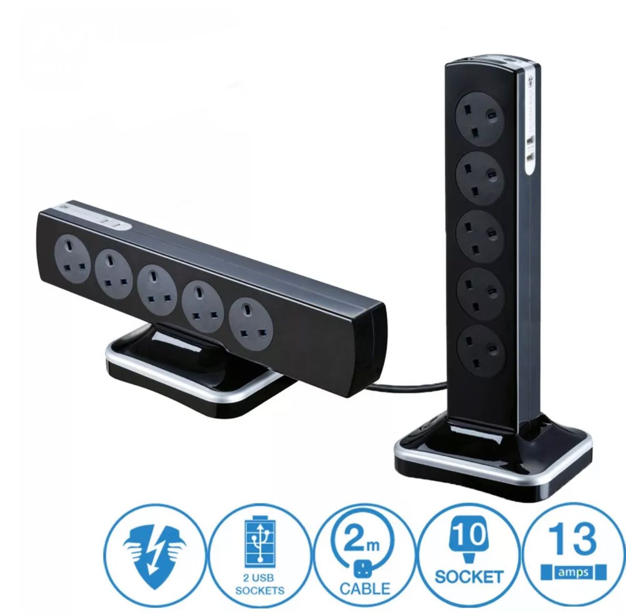 Masterplug Surge Protector 10 Gang 2 USB 3.1A 2 Meter Extension Leads Tower Sockets Power Cord Gloss