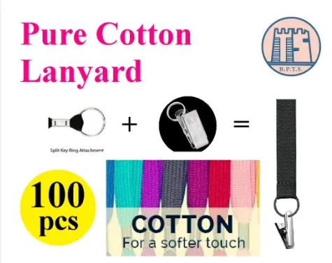 100% Pure Cotton Lanyard With Badge Clip + Split Ring Key 36 Inch 100 pcs/pkt